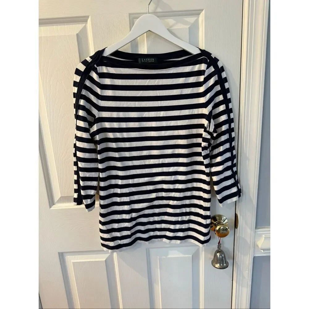 Lauren RalphโLauren Navy & White Stripe Boatneck Nautical 3/4 Sleeve T-Shirt sz